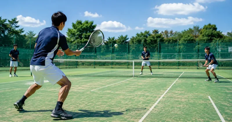 ソフトテニスの練習風景でダブルスのラリーをしている様子
